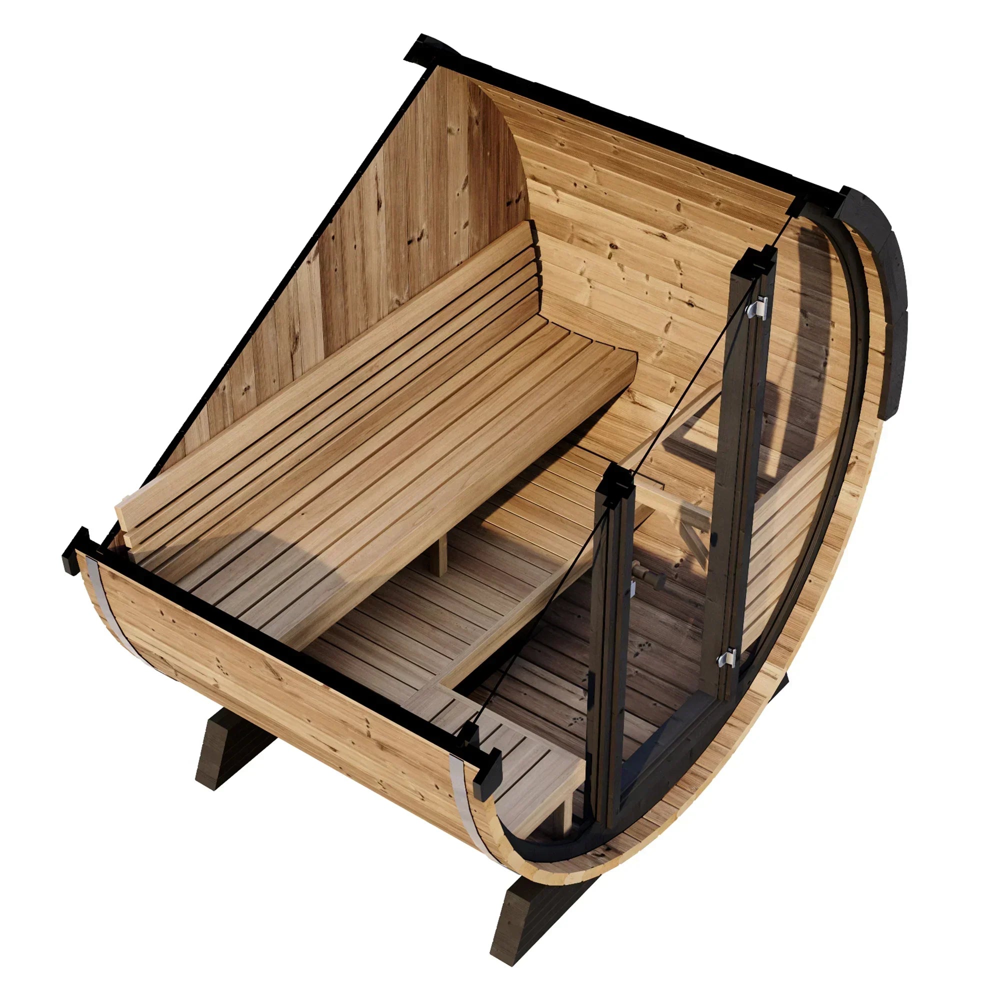 Luxury SaunaLife Model EE6G barrel sauna for 4 people featuring traditional steam heating and natural wood construction for home spa use