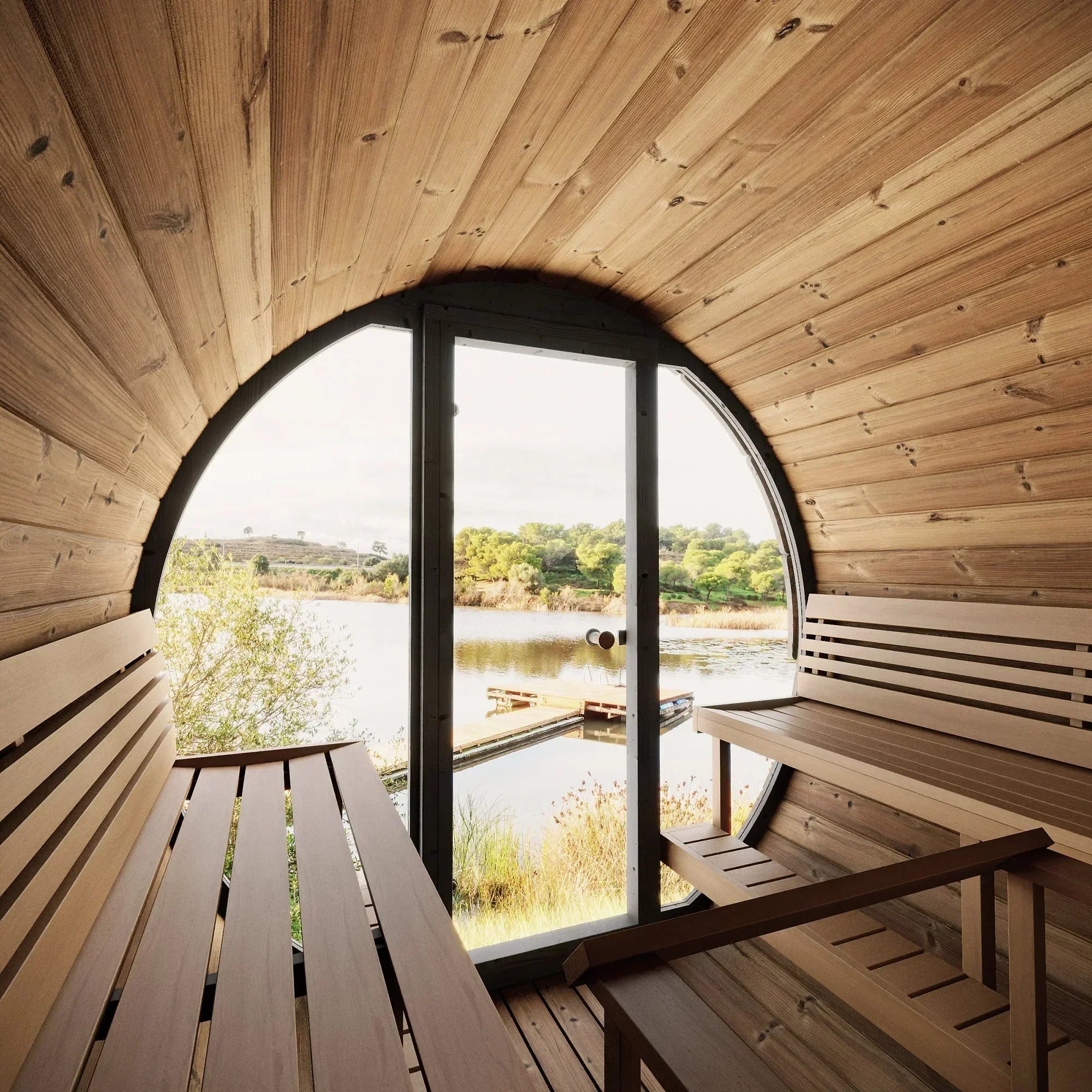 SaunaLife ERGO-Series EE8G 8-person outdoor barrel sauna premium backyard sauna with elegant design and high-quality Thermo-Spruce construction