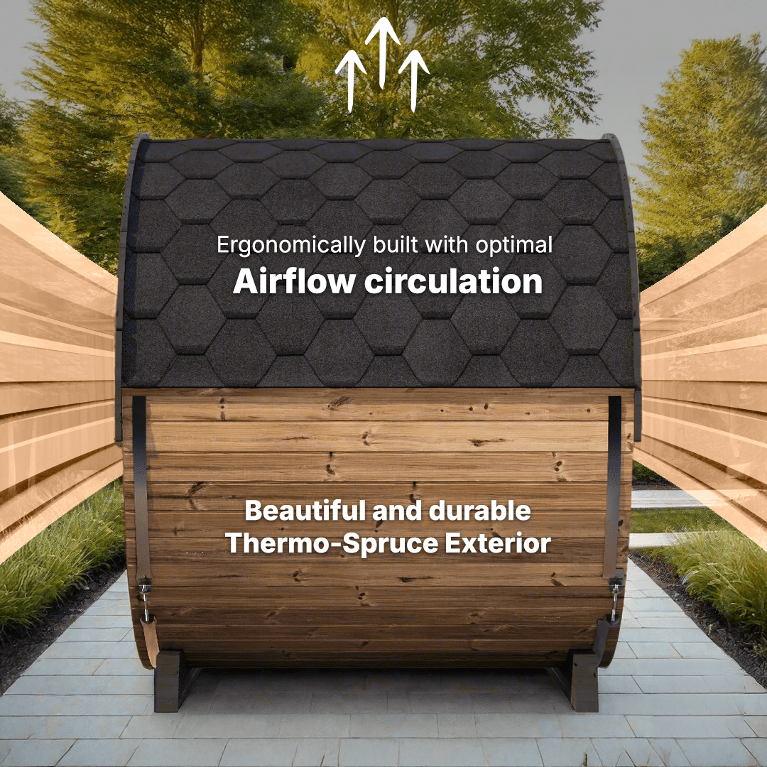 SaunaLife EE8G luxury barrel sauna 8-person outdoor sauna cabin ERGO-Series Elegance with durable wood construction for backyard wellness