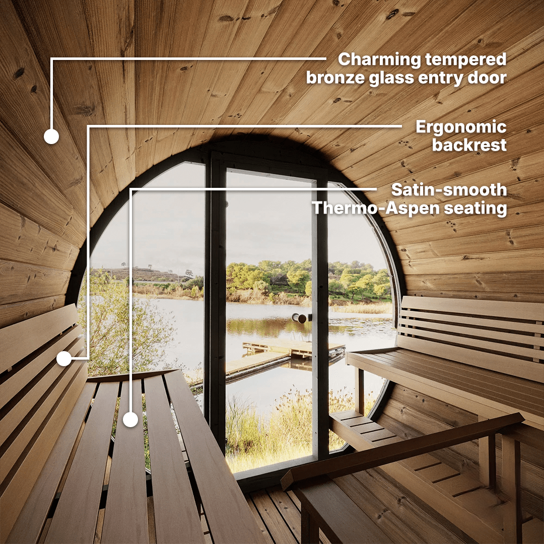 8 person SaunaLife EE8G outdoor barrel sauna kit premium Thermo-Spruce backyard sauna with ergonomic seating and modern curved barrel design