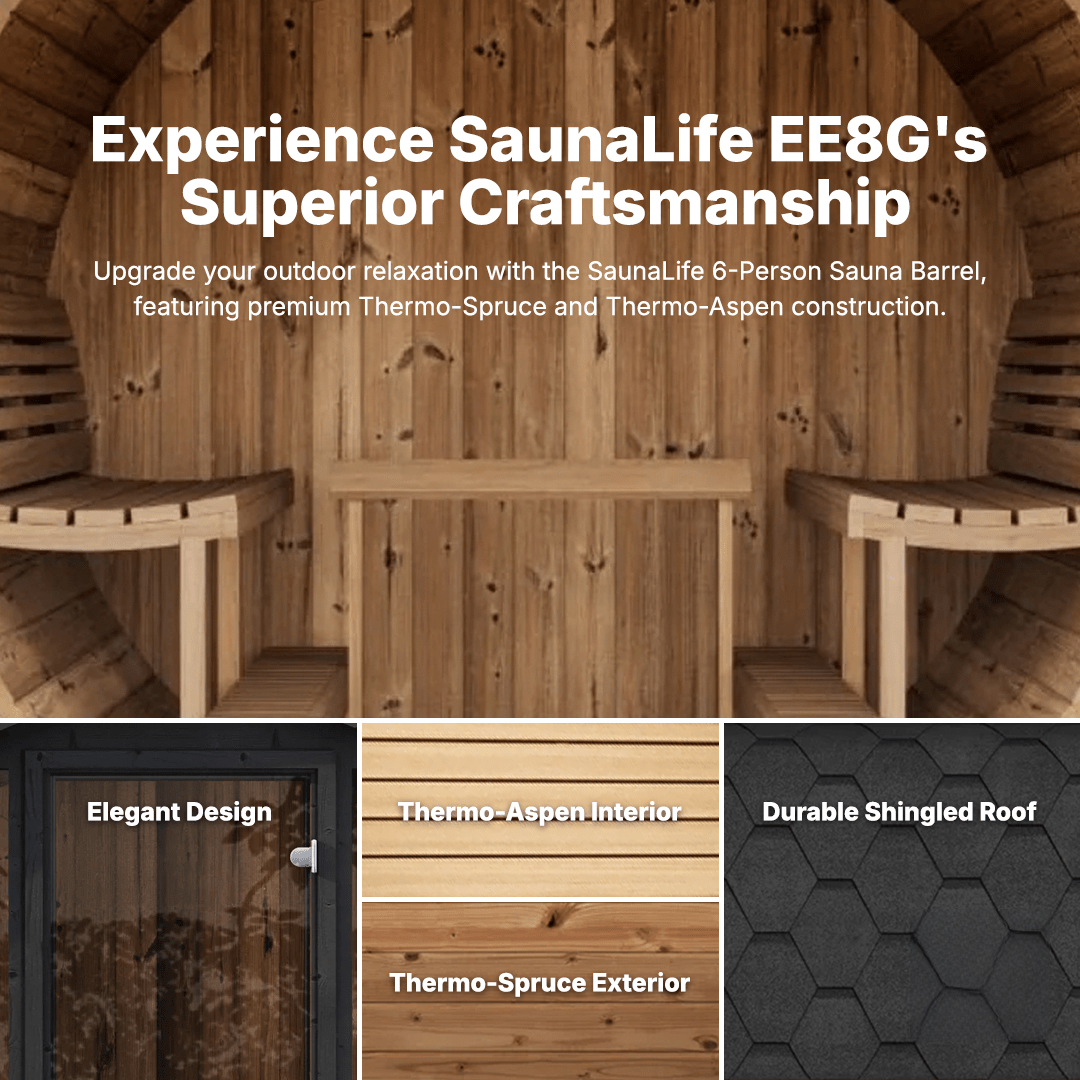 SaunaLife EE8G barrel sauna 8-person outdoor luxury sauna kit with elegant Scandinavian-inspired design and durable Thermo-Spruce construction