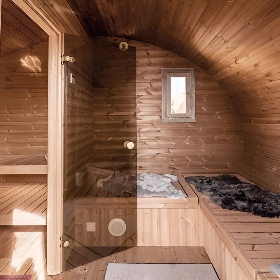 SaunaLife Garden Series G11 outdoor luxury sauna suite with 2-room design for up to 8 persons, premium backyard wellness and relaxation cabin