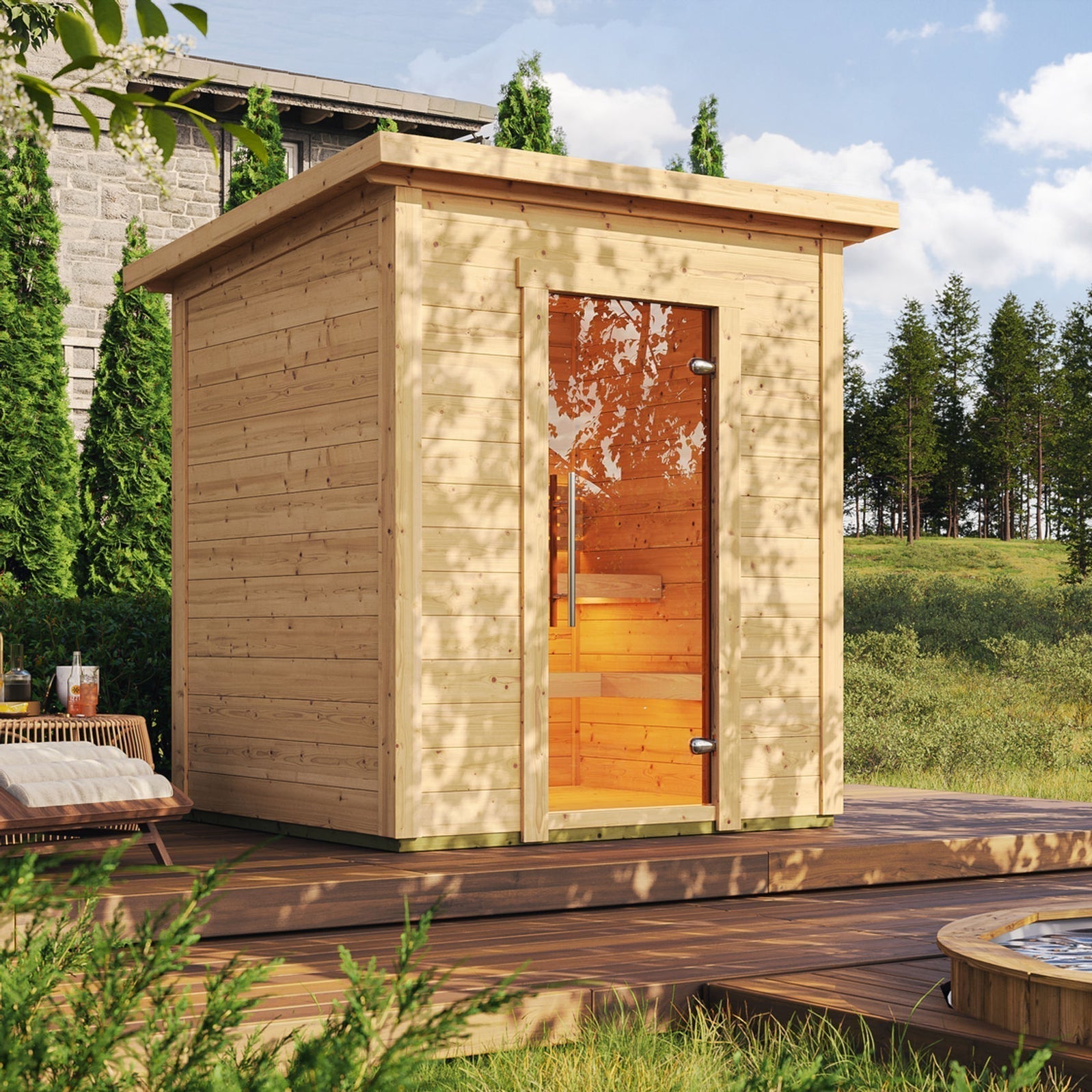 SaunaLife G2 outdoor sauna cabin for 4 people featuring interlocking spruce wood construction, modern slanted roof and weather-resistant garden design