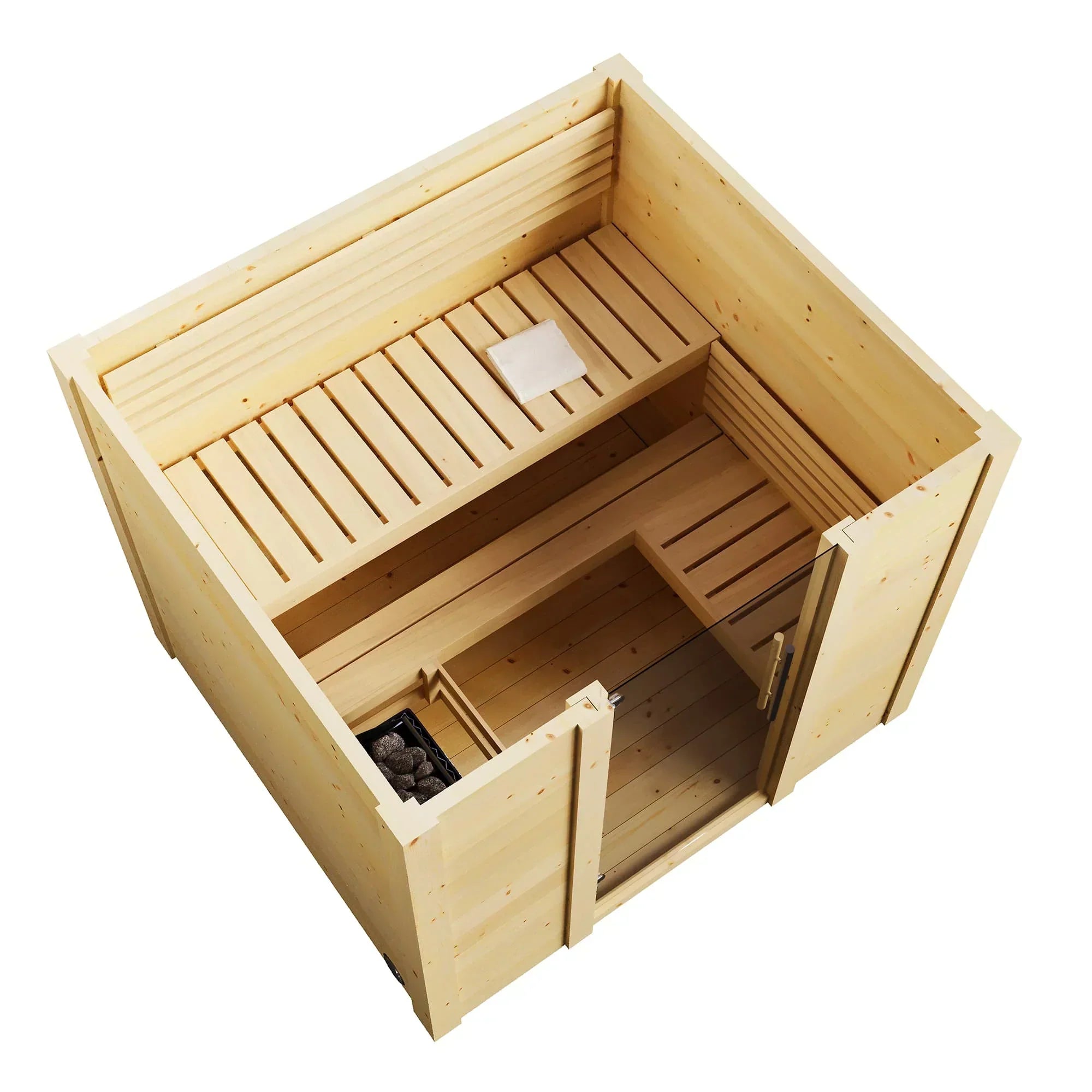 SaunaLife Garden Series G2 outdoor sauna for 4 people, heavy-duty spruce plank build with interlocking joints and modern slanted waterproof roof design
