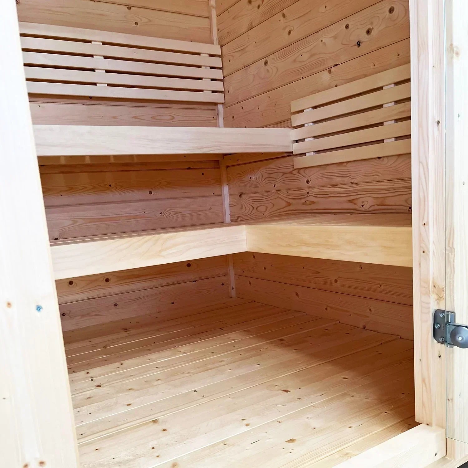 SaunaLife G2 outdoor home sauna 4 person Garden Series with premium spruce construction, sloped roof and weatherproof EPDM covering for long-term durability