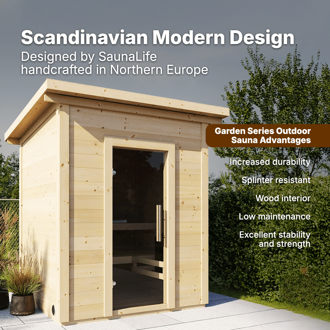 4-person SaunaLife Garden Series G2 outdoor sauna kit made with 1.65-inch spruce planks, full floor base and durable Scandinavian roof design