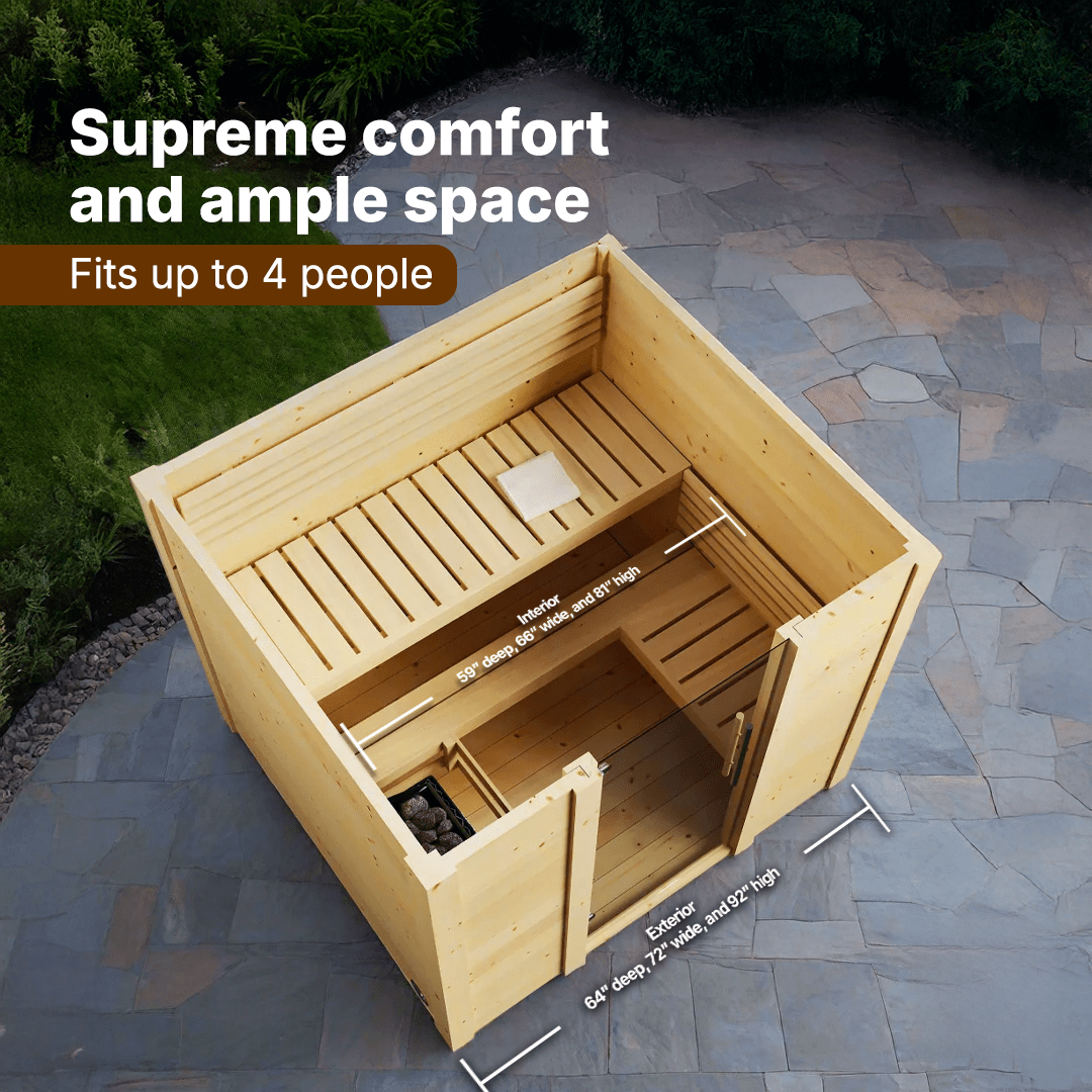 SaunaLife G2 outdoor garden sauna for 4 people featuring premium spruce wood, V-joint construction and weatherproof sloped EPDM roofing system