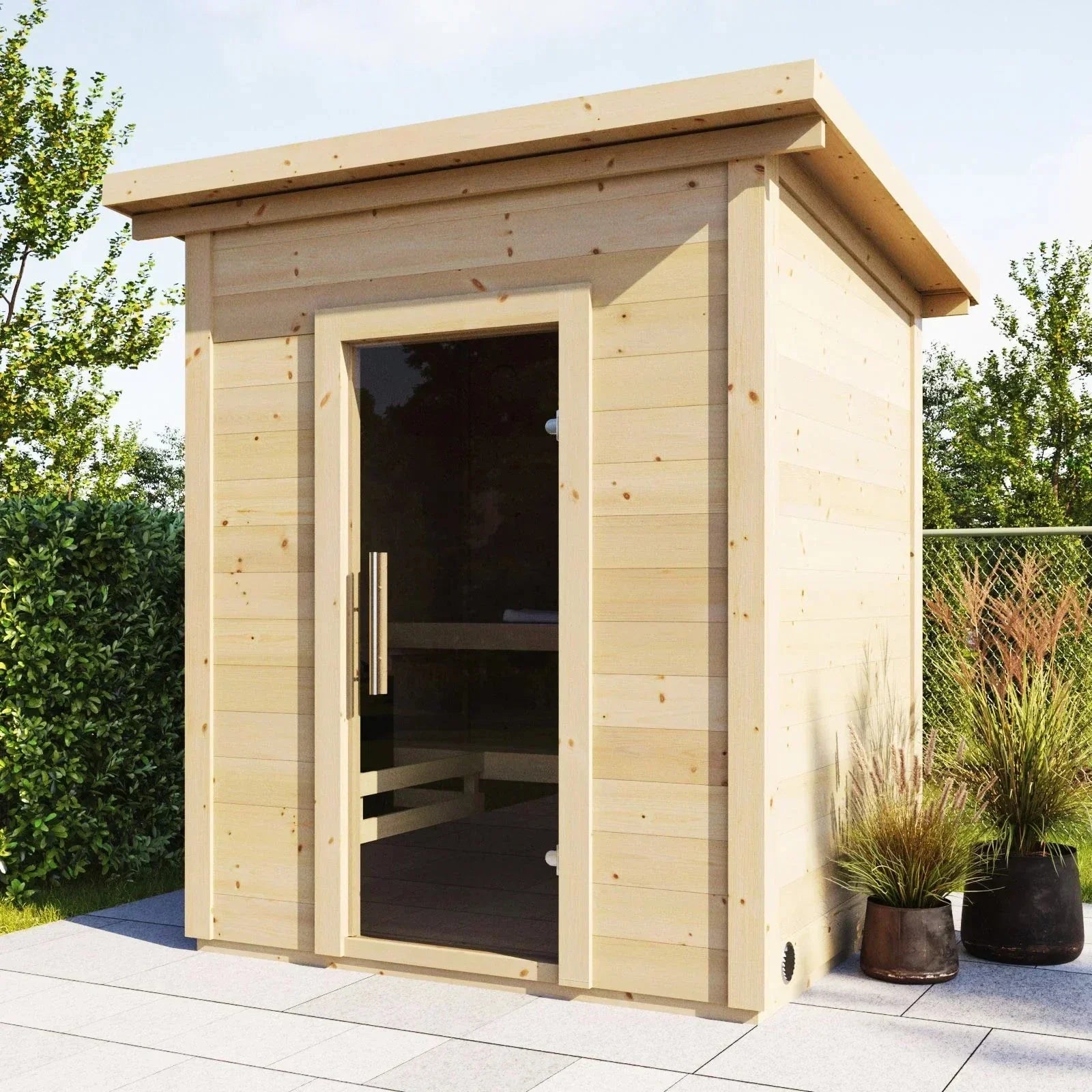 SaunaLife G2 4-person outdoor garden sauna kit with durable spruce wood construction, V-joint system, full floor and premium EPDM slanted roof for all-weather use
