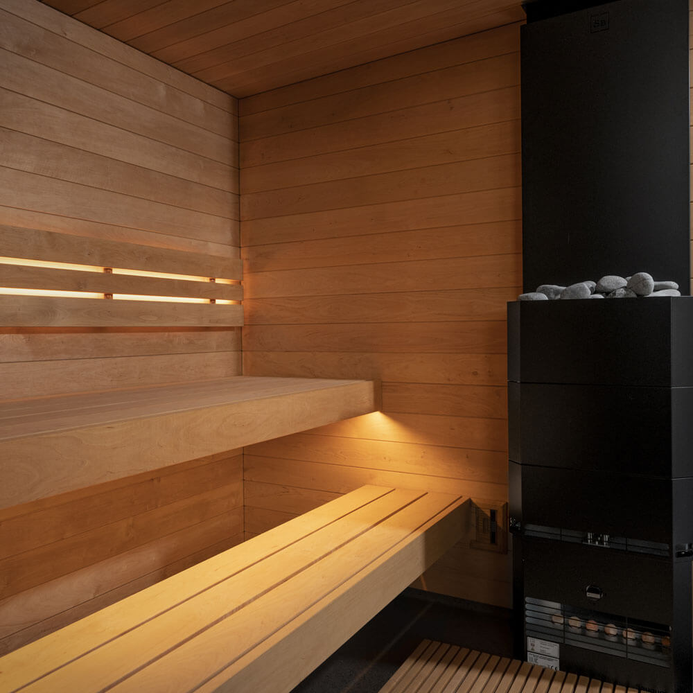 SaunaLife GARDEN-Series G6 outdoor home sauna cabin ready-made with elegant glass wall and spacious seating area