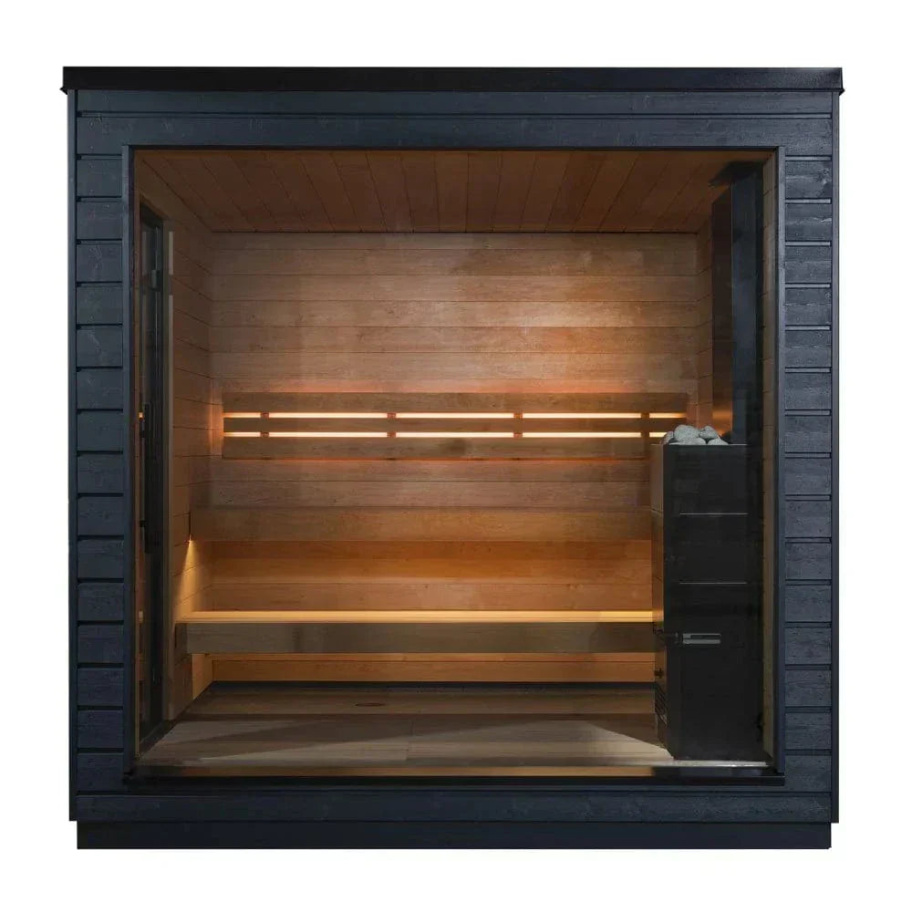 SaunaLife Model G6 outdoor backyard sauna for 5 people with panoramic tempered glass front and modern Scandinavian design