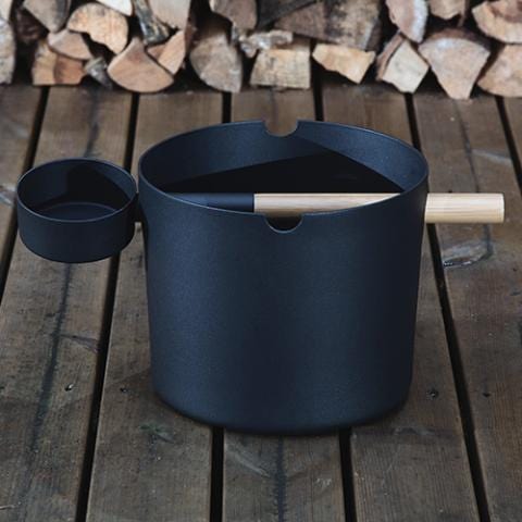 SaunaLife Bucket and Ladle Package 2 modern sauna accessory set with aluminum bucket and bamboo ladle, Scandinavian Finnish design for home sauna use