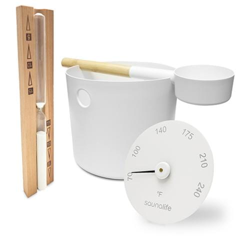 SaunaLife Bucket and Ladle Package 2 premium sauna accessory set with Scandinavian design, aluminum sauna bucket and bamboo handle ladle, modern Finnish sauna essentials