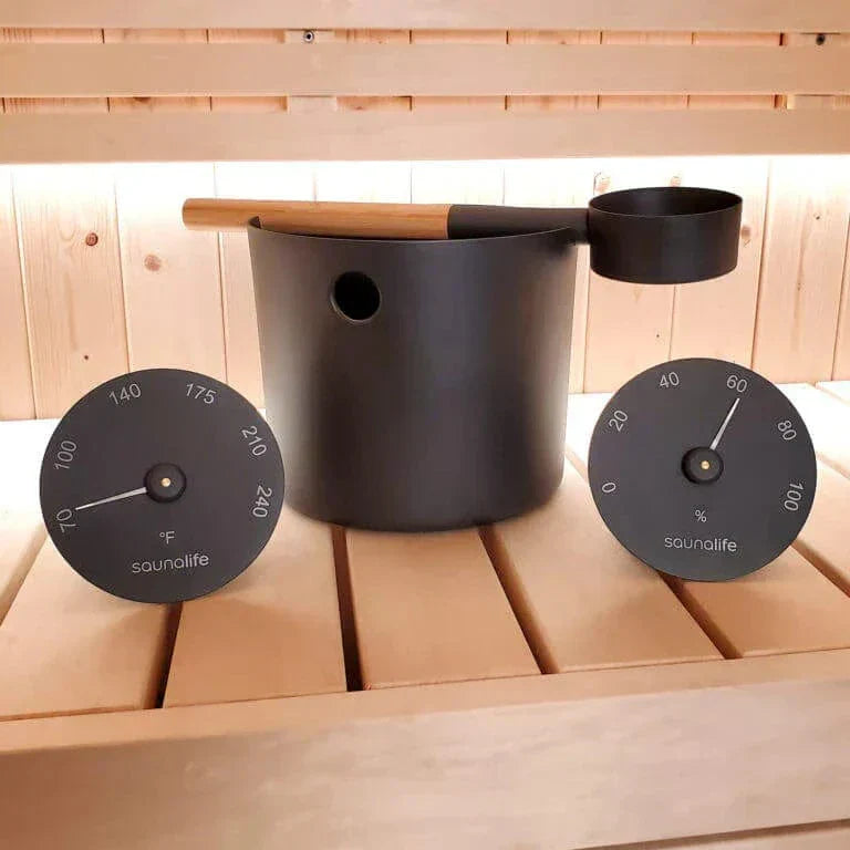 SaunaLife Accessory Package 5 sauna set featuring 1-gallon black aluminum