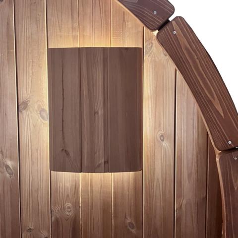 SaunaLife E8 Barrel Sauna with ERGO-Series ESconce+ Exterior LED Lighting System, Elegant Entrance Illumination with Warm Ambient LED Sauna Lighting for Enhanced Exterior and Interior Ambiance