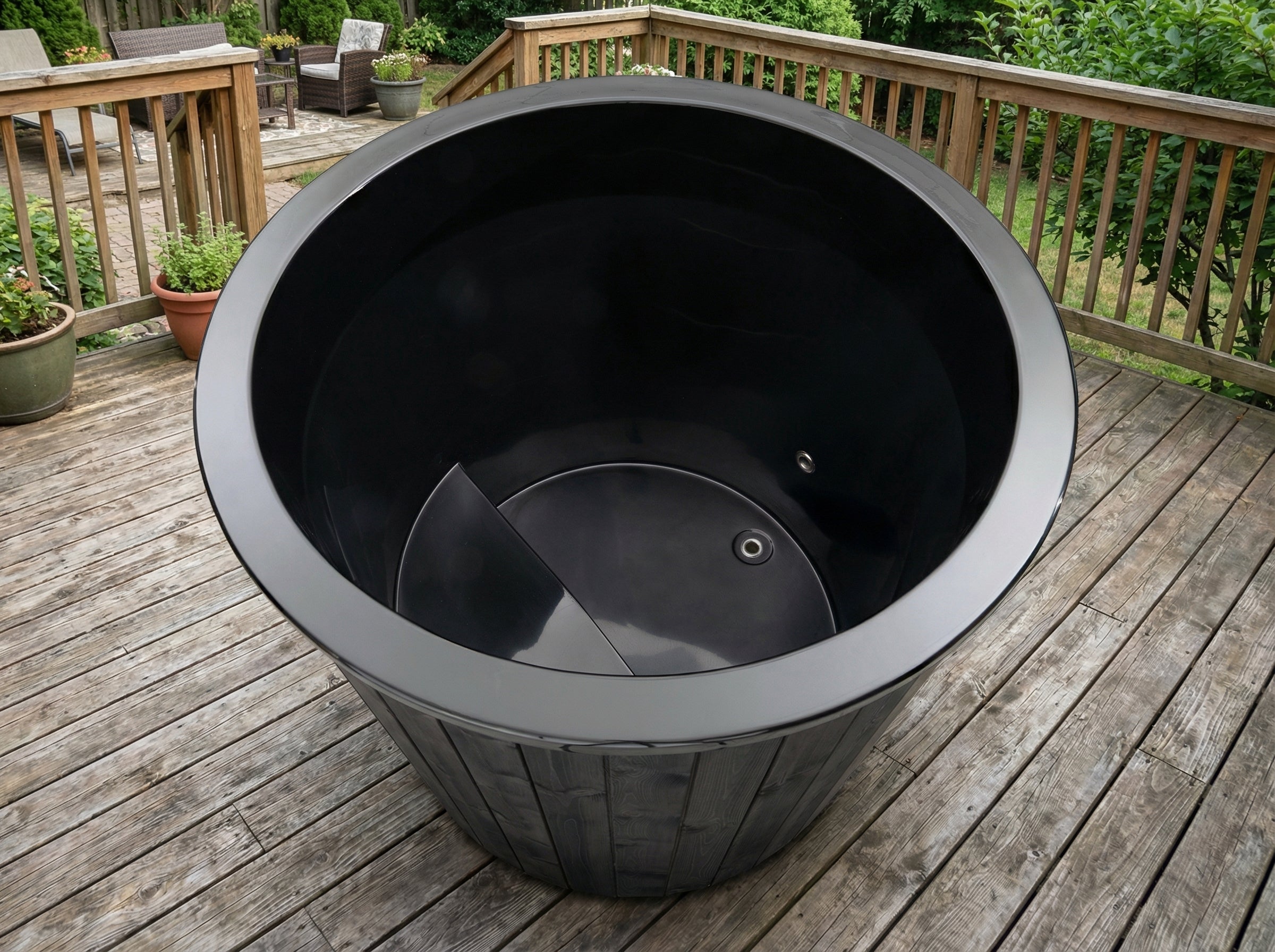 SaunaLife Model S1NC cold plunge tub and hot soak system with Thermo-Spruce wood construction and chiller heater for home wellness recovery therapy