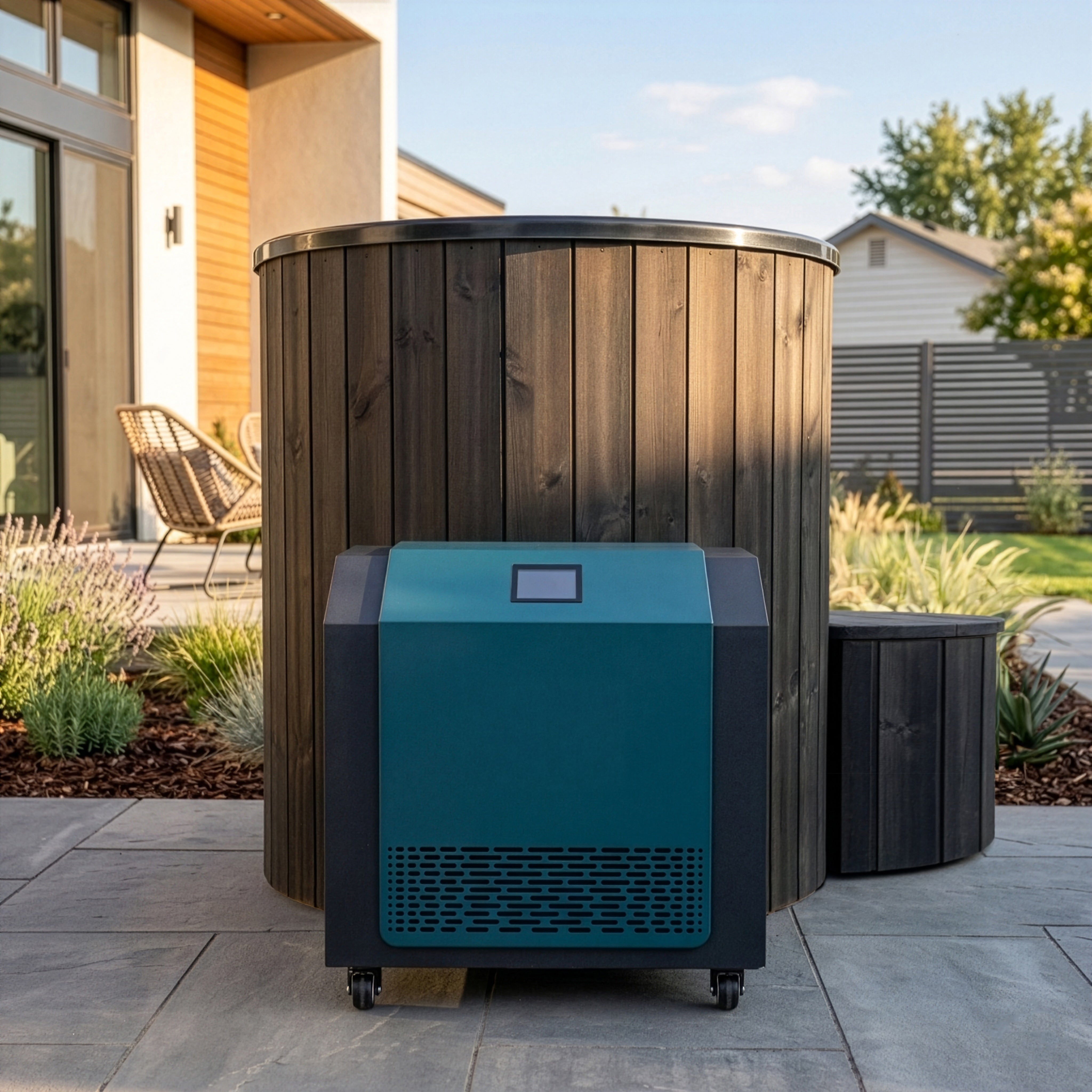 SaunaLife Model S1NC hot and cold plunge system with Thermo-Spruce wooden tub and chiller heater unit for full contrast therapy and recovery wellness