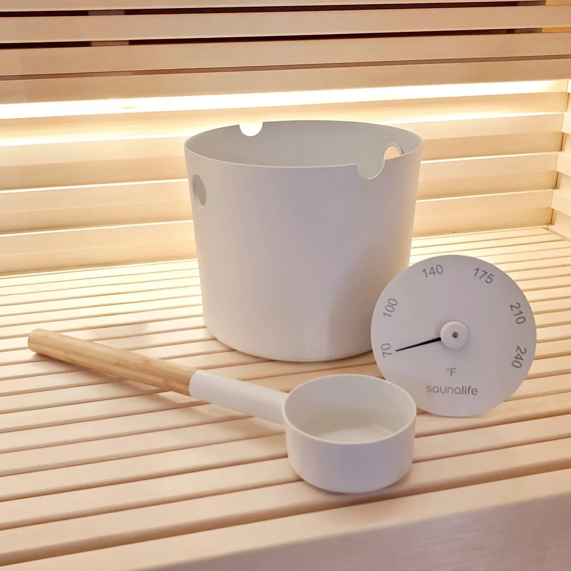 SaunaLife sauna accessory set with aluminum water bucket wooden ladle and black temperature humidity gauge thermometer hygrometer for traditional sauna use