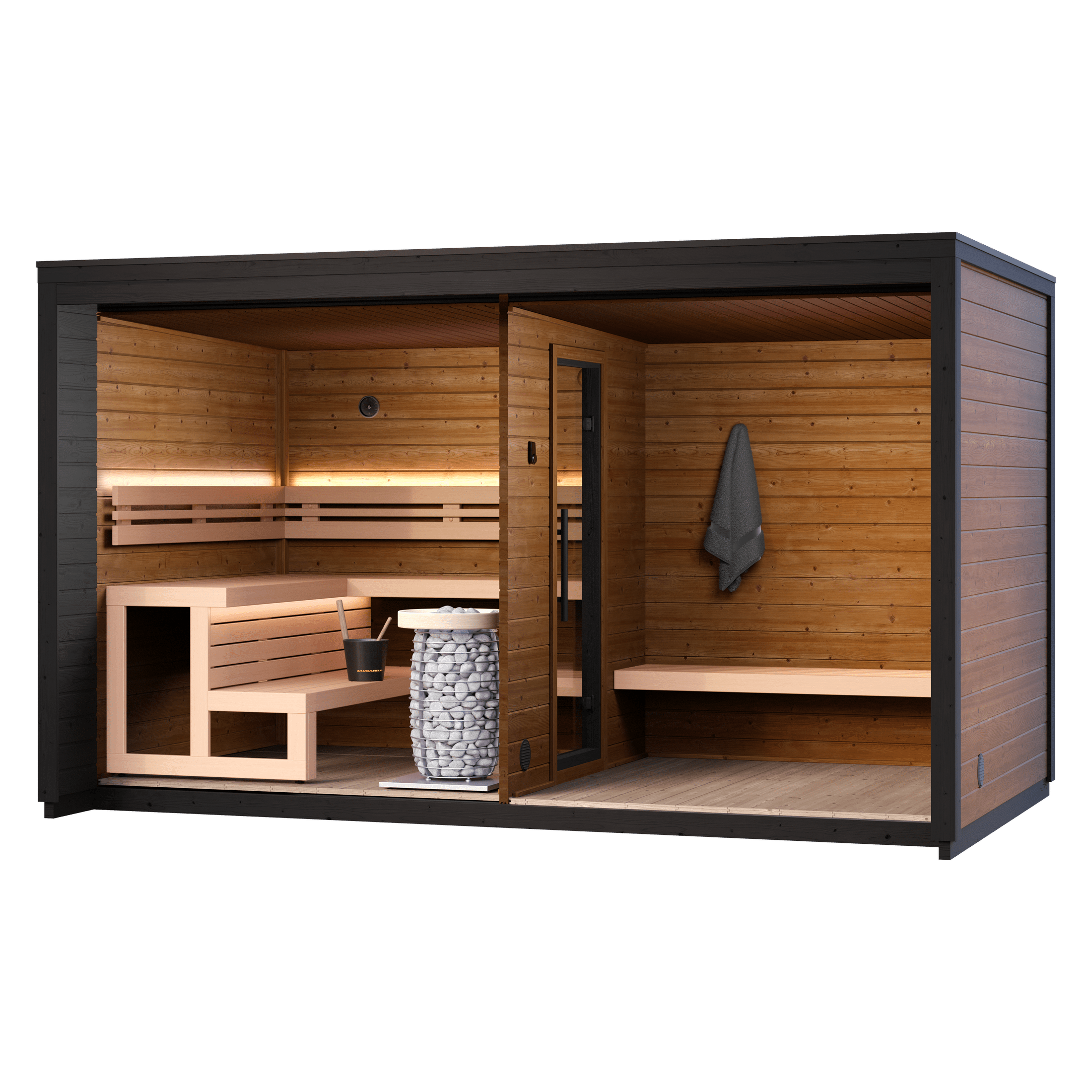 5 Person Outdoor ThermoWood Sauna with Spacious Changing Room, Leil Patio L Home Garden Sauna Cabin