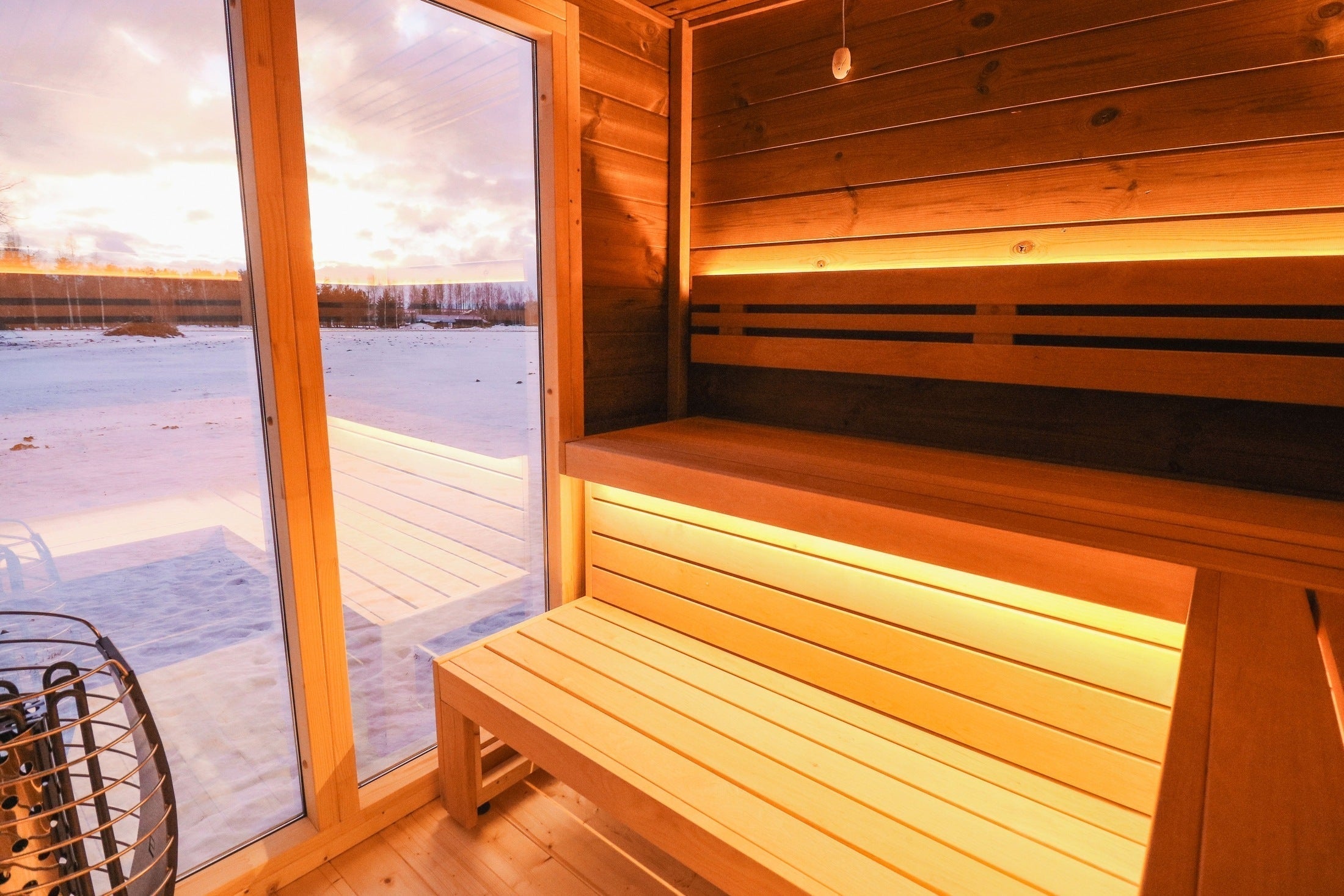 Spacious 5 Person ThermoWood Outdoor Sauna with Attached Changing Room, Leil Patio L Spa Cabin