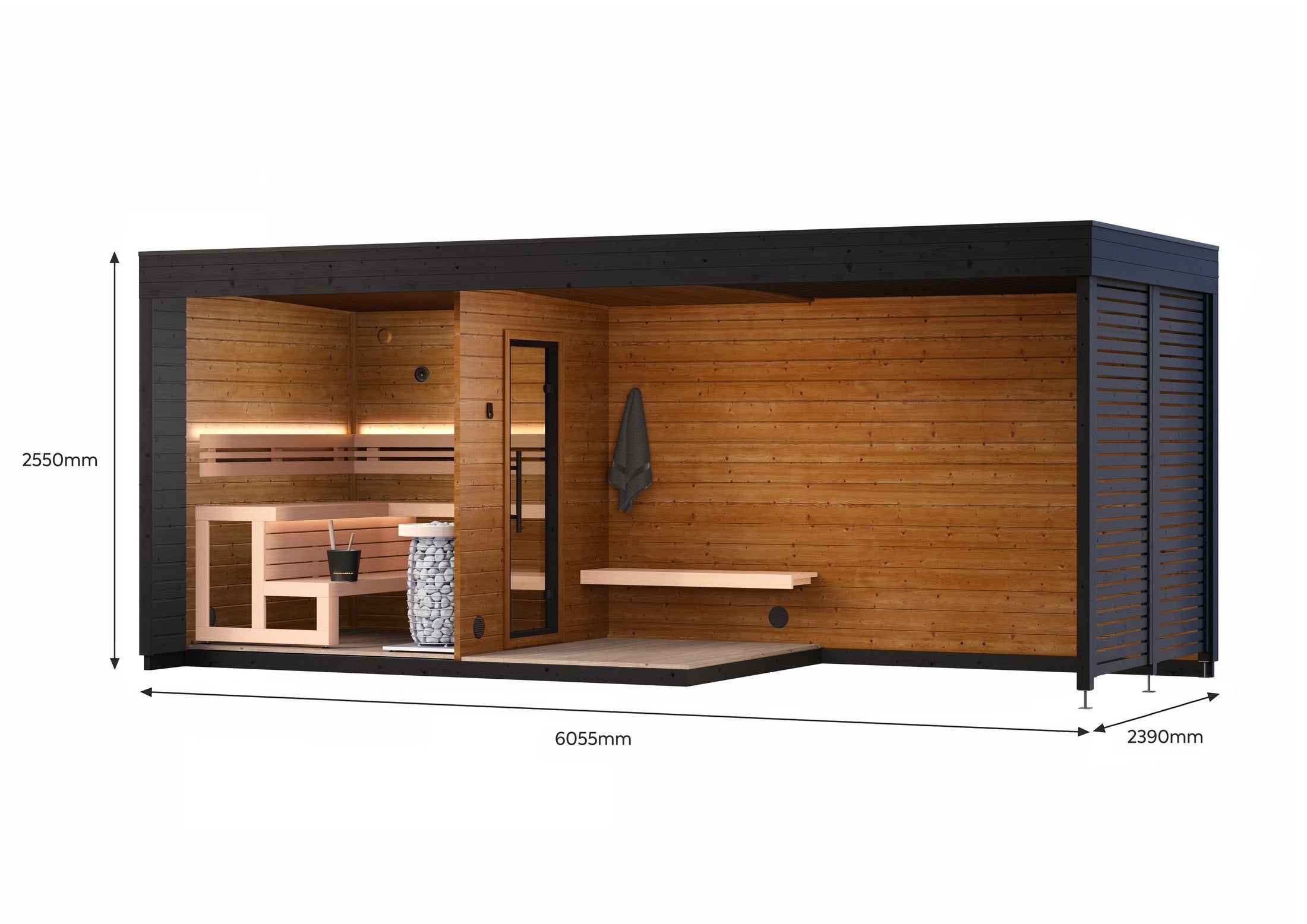 Leil Patio L Plus Sauna for 5 People, ThermoWood outdoor Scandinavian garden sauna
