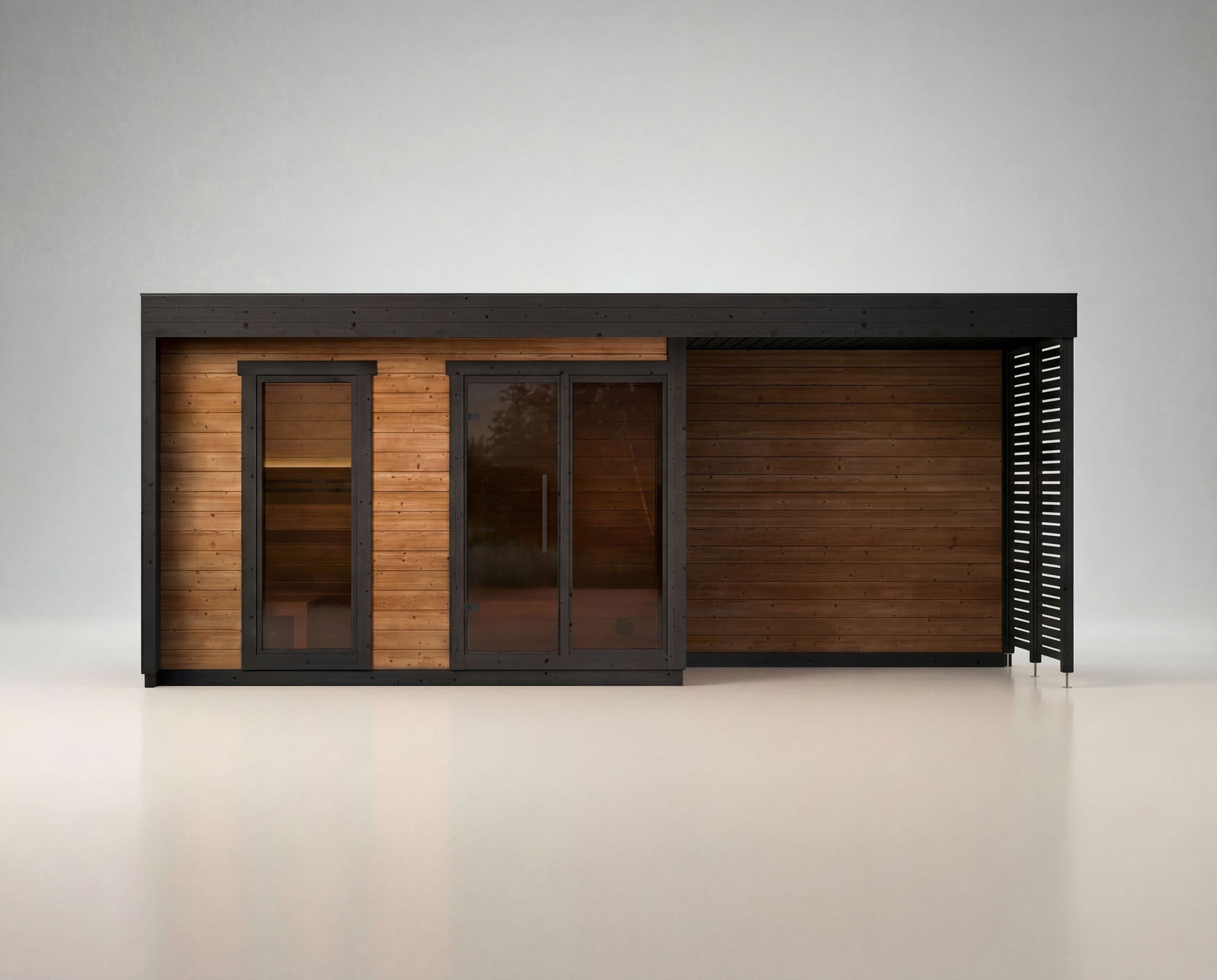 Leil Patio L Plus 5 Person Outdoor Sauna Kit, Scandinavian ThermoWood backyard wellness sauna with changing area