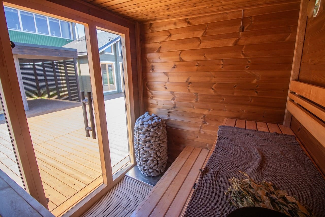 Luxury outdoor 4 person sauna Leil Patio XS, modern wooden backyard sauna kit for wellness, heat therapy, and relaxation