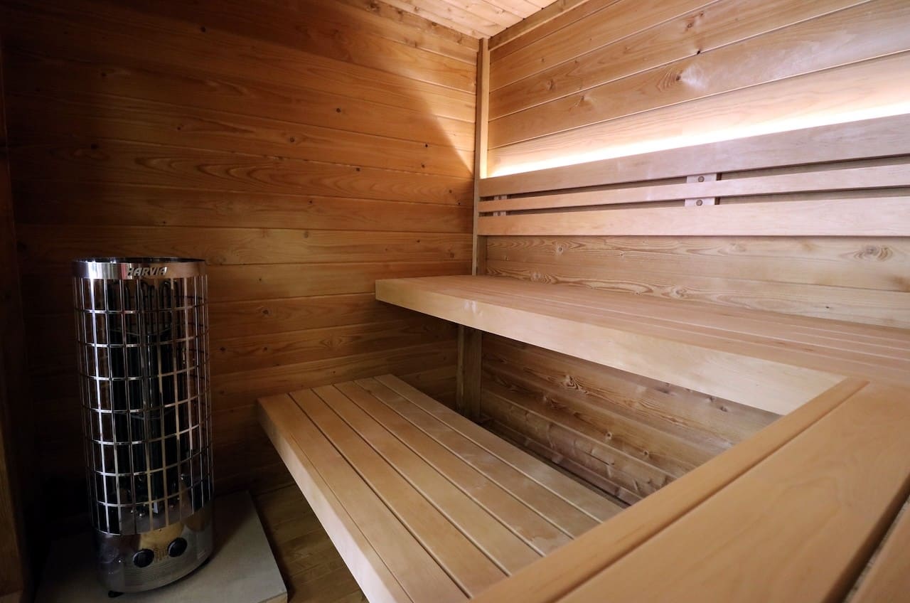 Outdoor wooden sauna cabin Leil Patio XS for 4 people, luxury patio sauna kit designed for home wellness and recovery