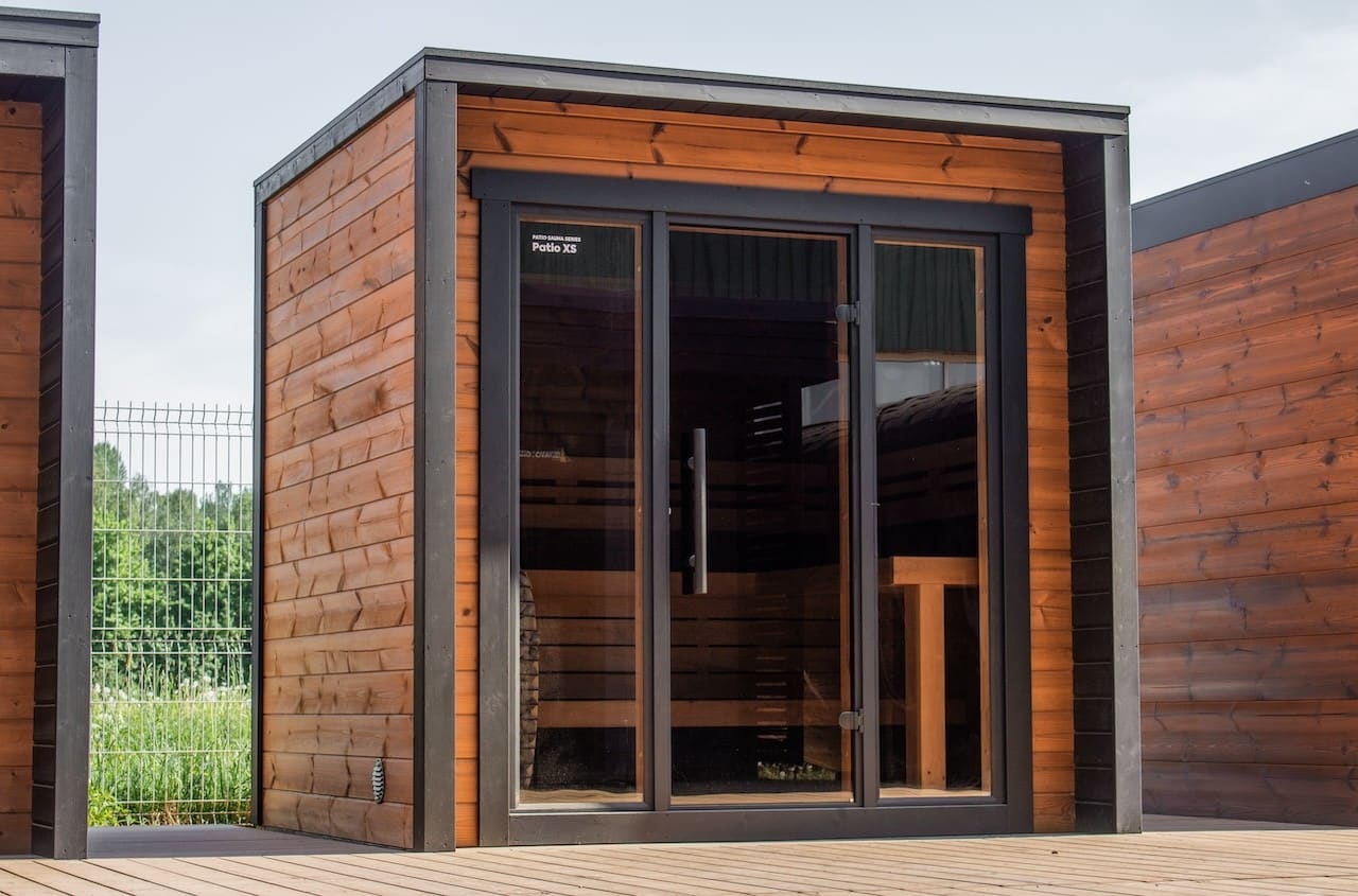 Leil Patio XS premium outdoor sauna for 4 people, modern wooden backyard sauna kit designed for home spa and relaxation