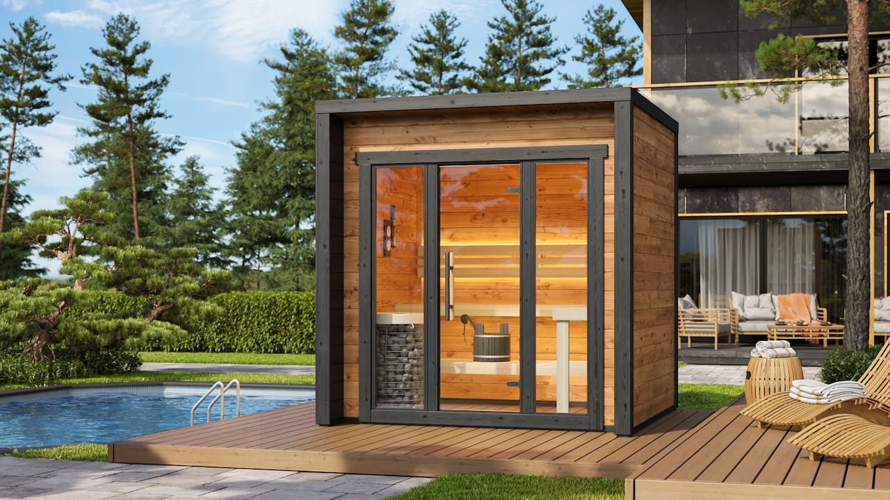 Outdoor 4 person wooden sauna cabin Leil Patio XS, space-efficient patio sauna kit for luxury home wellness experience