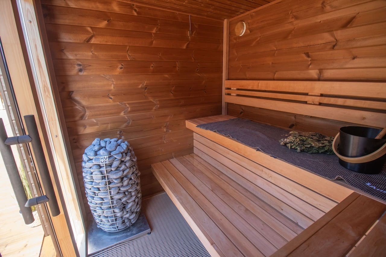 Leil Patio XS outdoor patio sauna kit, 4 person capacity premium wood sauna cabin for home spa and wellness retreat