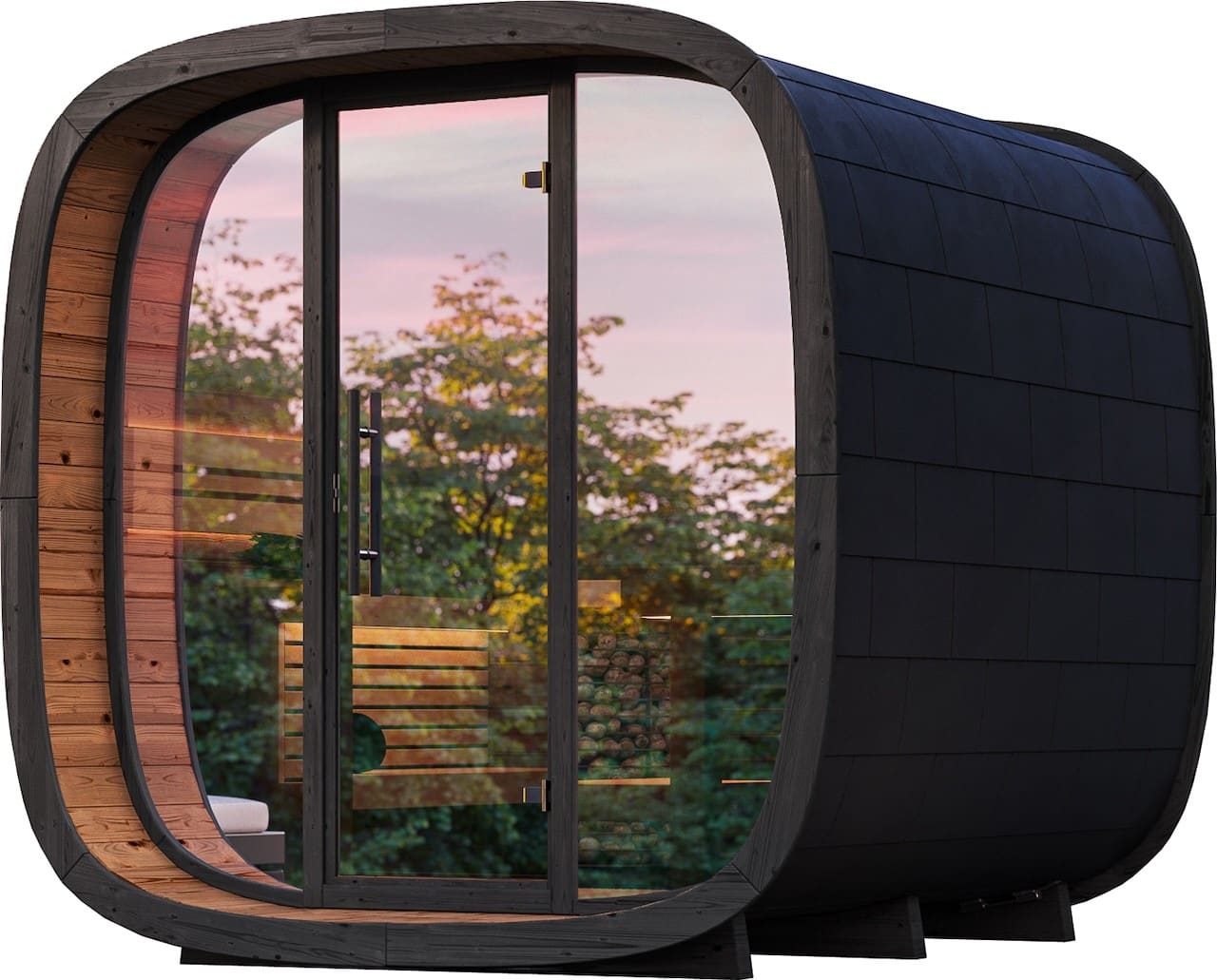 Modern Backyard Leil Round Cube Sauna Cabin, 4–5 Person Outdoor Wellness Sauna Kit with Elegant Curved Wood Structure