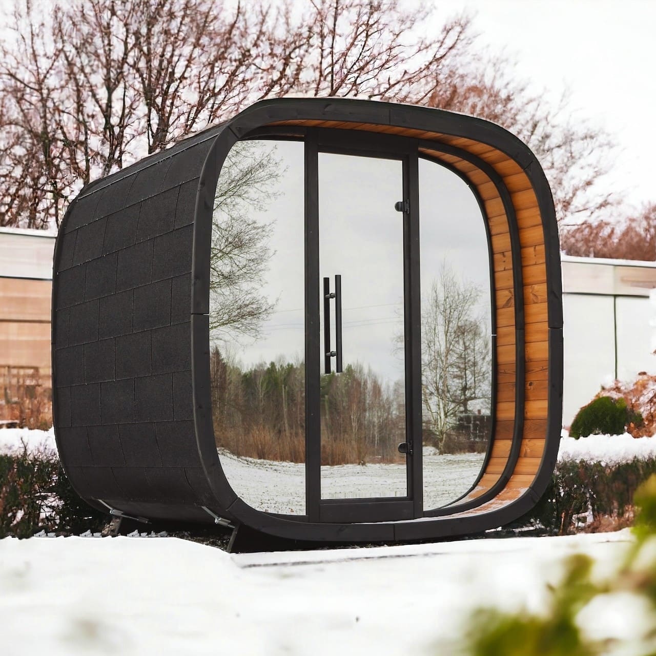 Outdoor Leil Round Cube Sauna 4–5 Person Home Wellness Kit, Premium Compact Backyard Sauna with Scandinavian Style Architecture